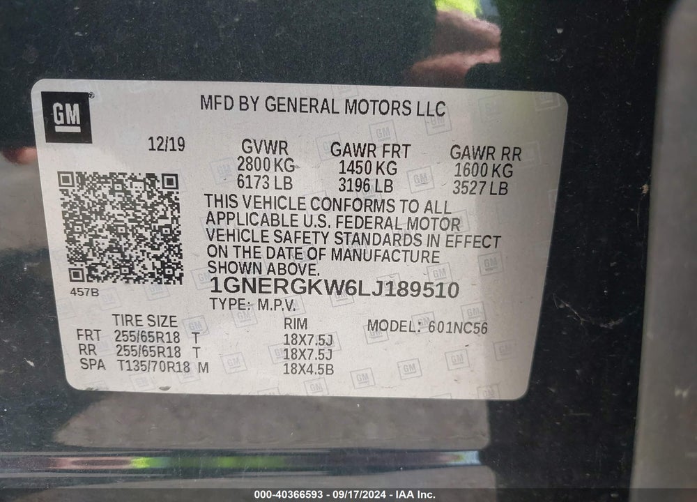 2020 CHEVROLET TRAVERSE FWD LT CLOTH VIN: 1GNERGKW6LJ189510