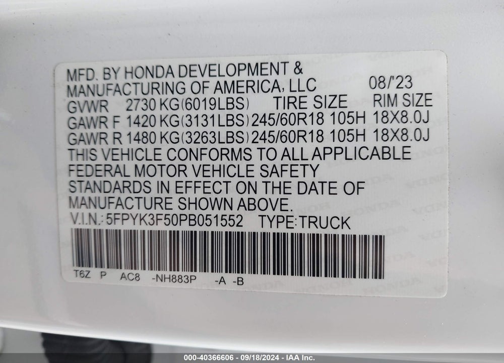 2023 HONDA RIDGELINE RTL VIN: 5FPYK3F50PB051552