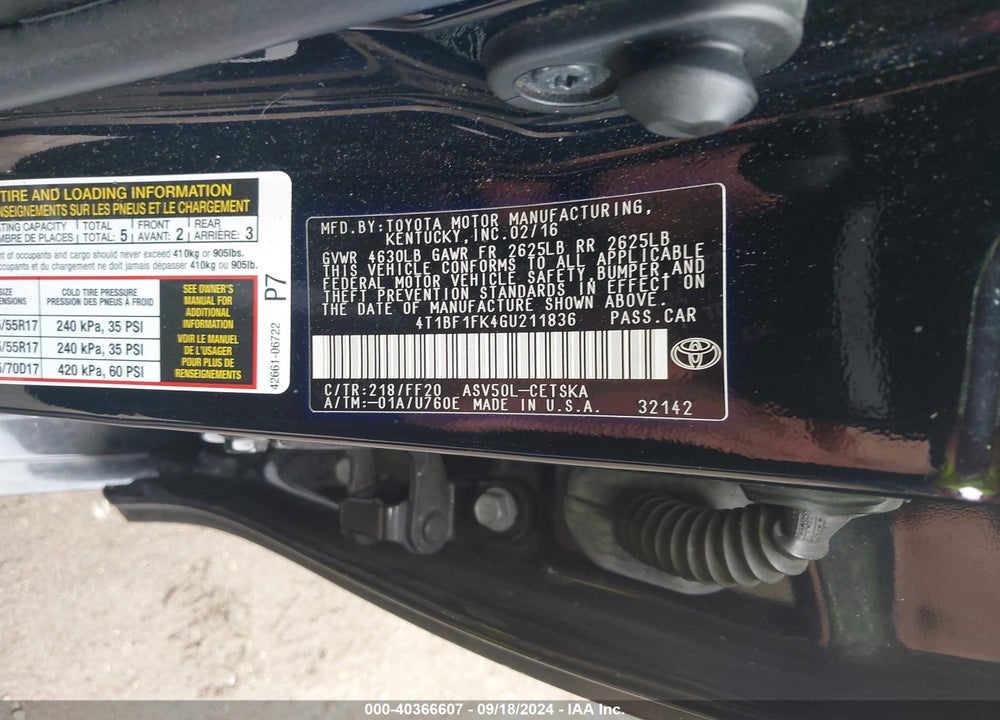 2016 TOYOTA CAMRY SE VIN: 4T1BF1FK4GU211836