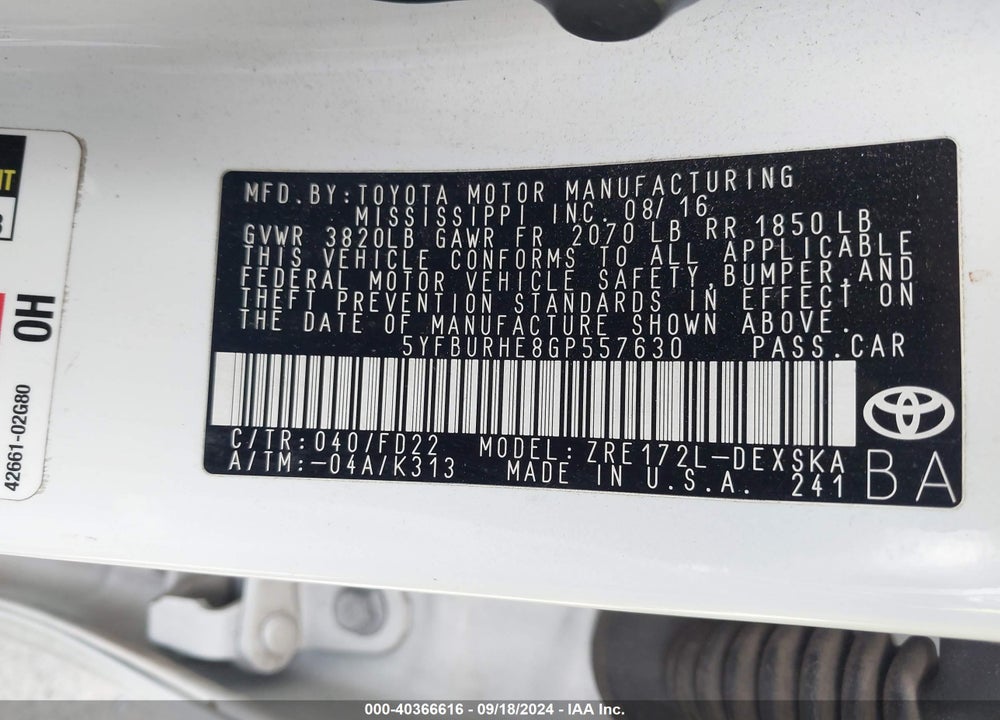 2016 TOYOTA COROLLA S PLUS VIN: 5YFBURHE8GP557630