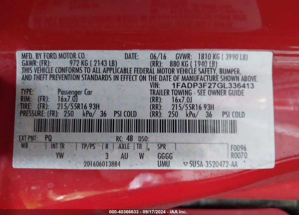 2016 FORD FOCUS SE VIN: 1FADP3F27GL336413