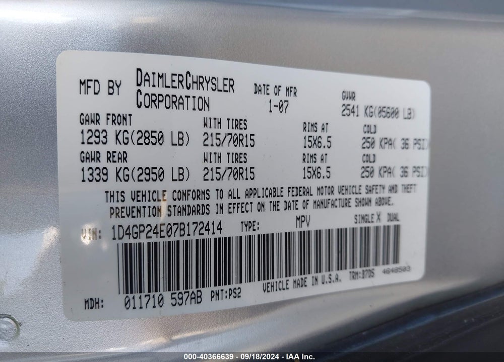 2007 DODGE GRAND CARAVAN SE VIN: 1D4GP24E07B172414