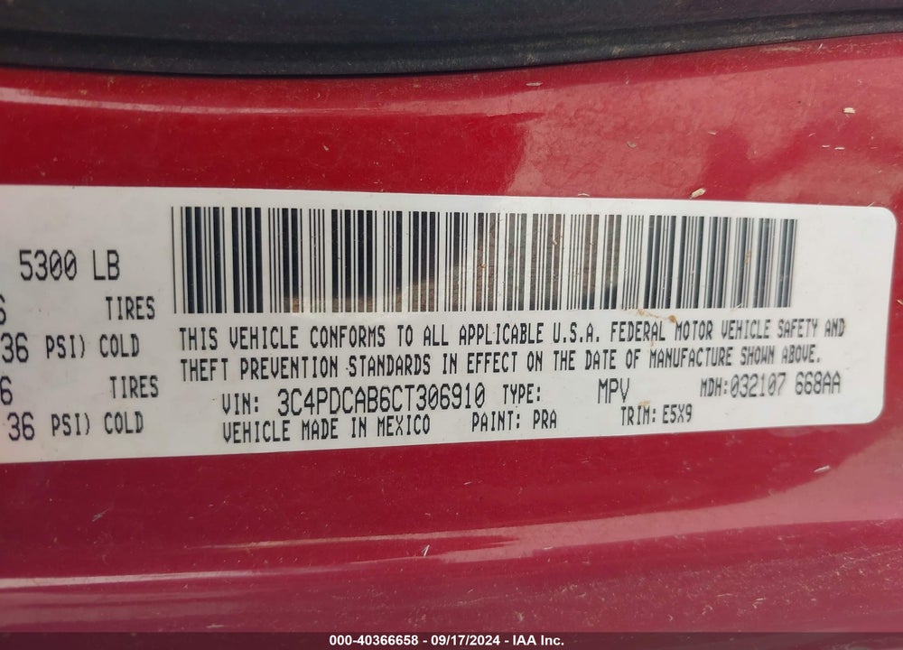 2012 DODGE JOURNEY SE/AVP VIN: 3C4PDCAB6CT306910
