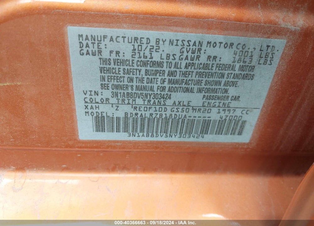 2022 NISSAN SENTRA VIN: 3N1AB8DV5NY303424