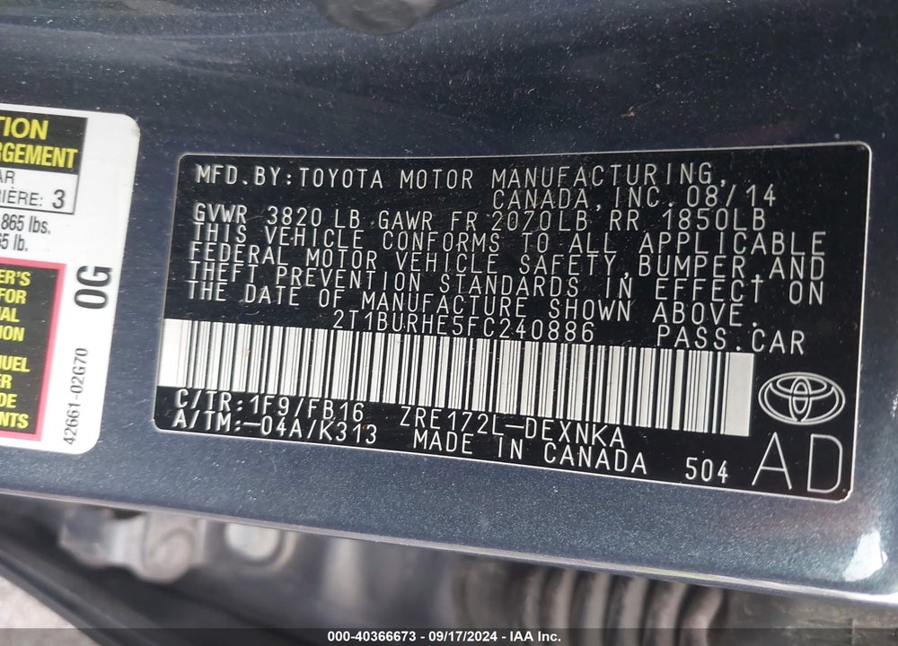 2015 TOYOTA COROLLA LE VIN: 2T1BURHE5FC240886