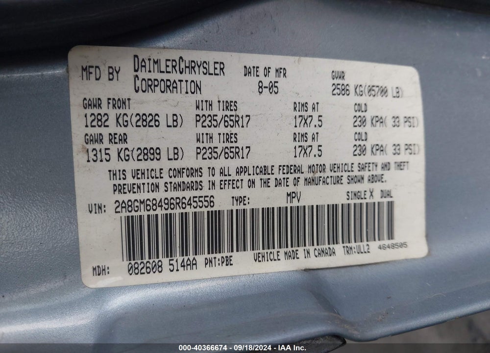 2006 CHRYSLER PACIFICA TOURING VIN: 2A8GM68496R645556