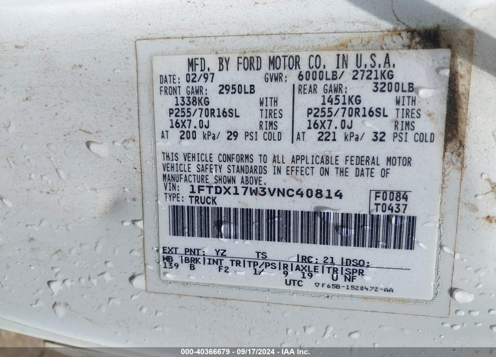 1997 FORD F-150 LARIAT/STANDARD/XL/XLT VIN: 1FTDX17W3VNC40814