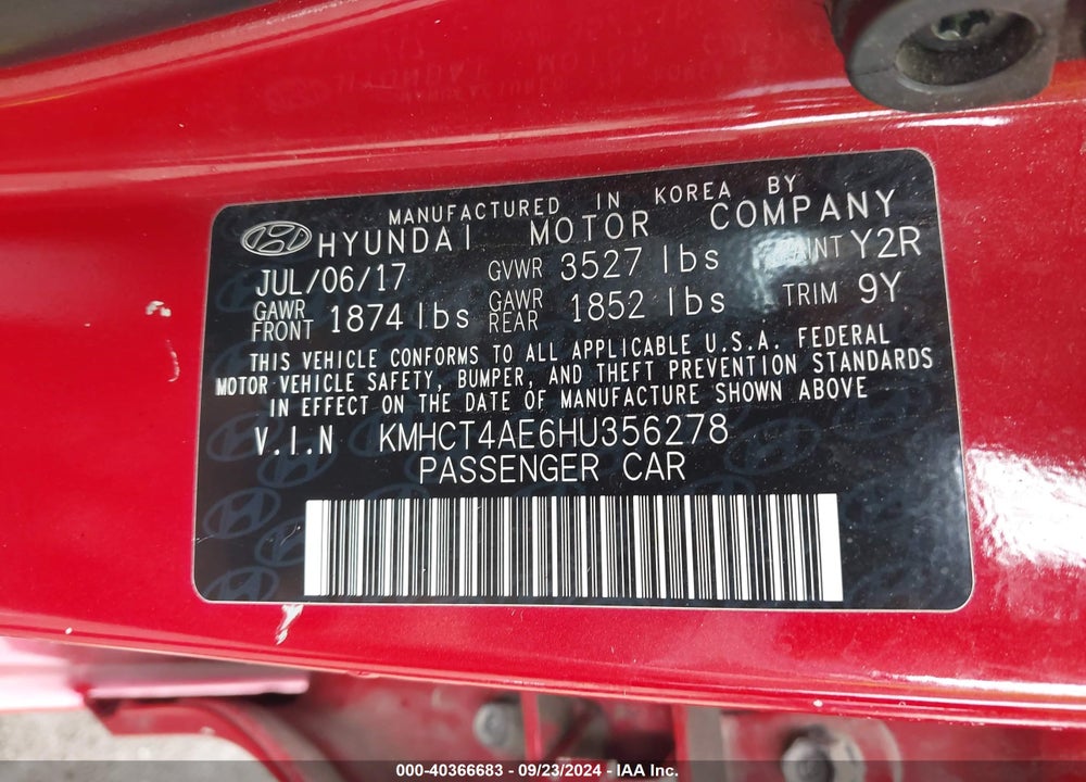 2017 HYUNDAI ACCENT VALUE EDITION VIN: KMHCT4AE6HU356278