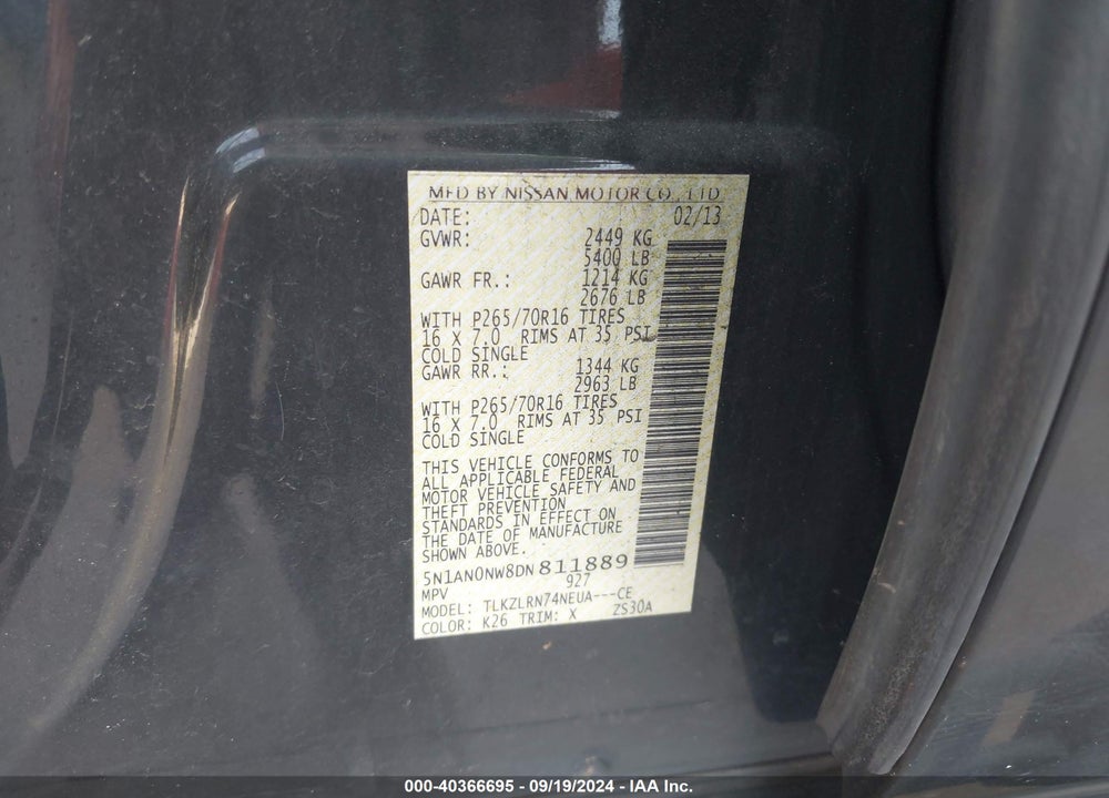 2013 NISSAN XTERRA S VIN: 5N1AN0NW8DN811889
