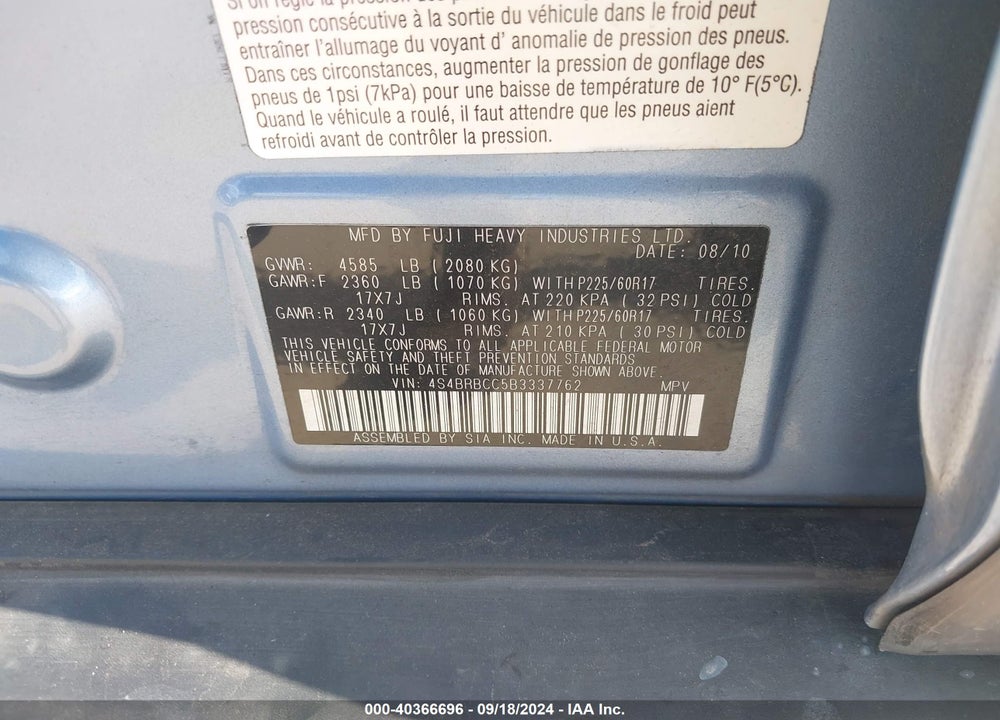 2011 SUBARU OUTBACK 2.5I PREMIUM VIN: 4S4BRBCC5B3337762