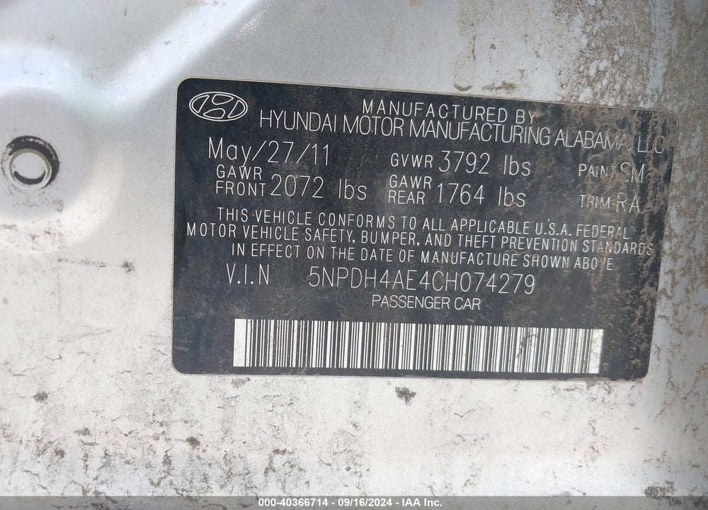 2012 HYUNDAI ELANTRA GLS VIN: 5NPDH4AE4CH074279