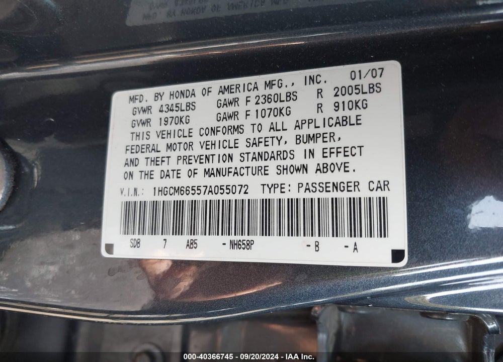 2007 HONDA ACCORD 3.0 EX VIN: 1HGCM66557A055072