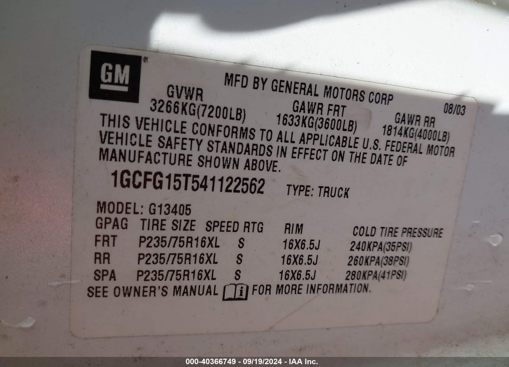 2004 CHEVROLET EXPRESS VIN: 1GCFG15T541122562
