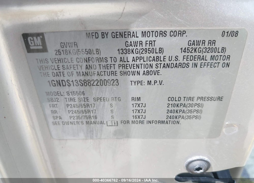 2008 CHEVROLET TRAILBLAZER LT VIN: 1GNDS13S882200923