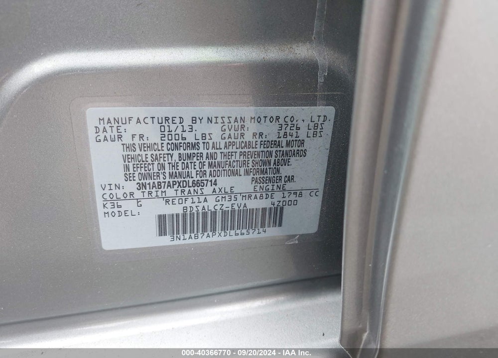 2013 NISSAN SENTRA S VIN: 3N1AB7APXDL665714