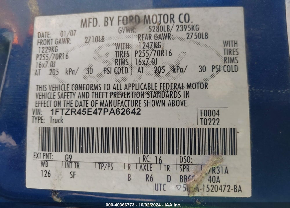 2007 FORD RANGER FX4 LEVEL II/FX4 OFF-ROAD/SPORT/XLT VIN: 1FTZR45E47PA62642