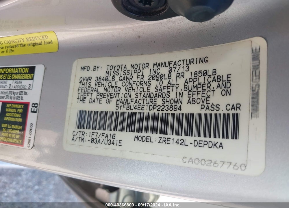 2013 TOYOTA COROLLA L VIN: 5YFBU4EE1DP223894