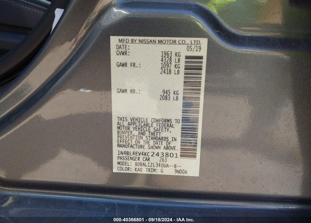 2019 NISSAN ALTIMA 2.5 SL VIN: 1N4BL4EV4KC243801