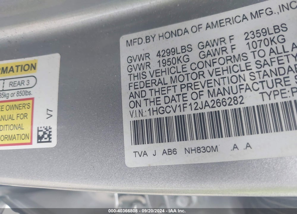 2018 HONDA ACCORD LX VIN: 1HGCV1F12JA266282
