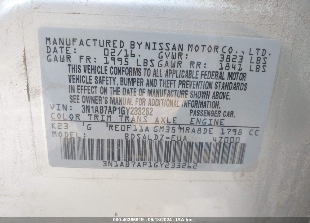 2016 NISSAN SENTRA FE+ S/S/SL/SR/SV VIN: 3N1AB7AP1GY233262