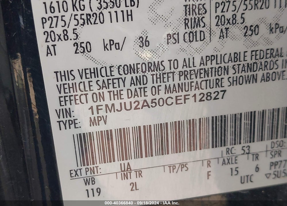2012 FORD EXPEDITION LIMITED VIN: 1FMJU2A50CEF12827