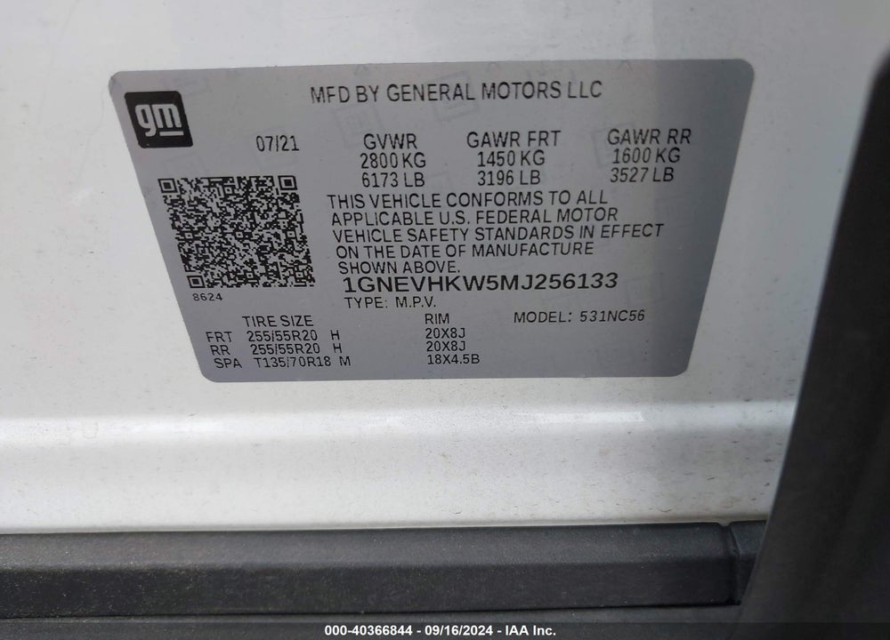 2021 CHEVROLET TRAVERSE AWD LT LEATHER VIN: 1GNEVHKW5MJ256133