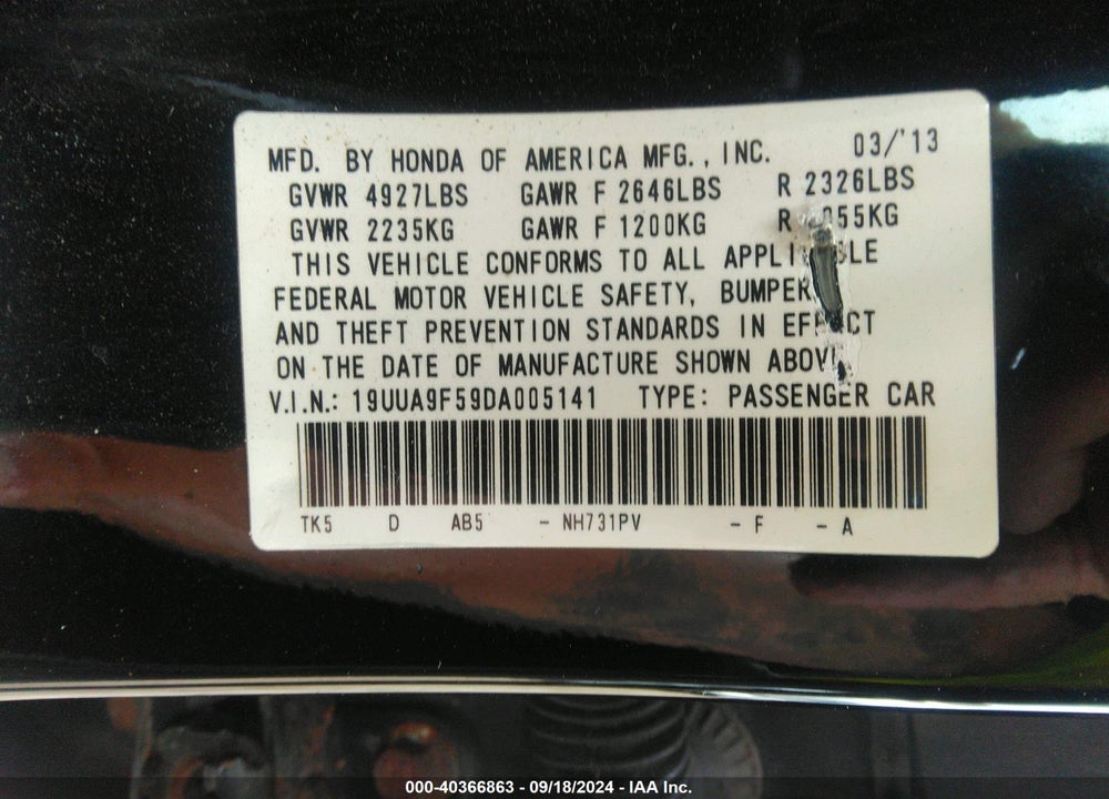 2013 ACURA TL 3.7 VIN: 19UUA9F59DA005141