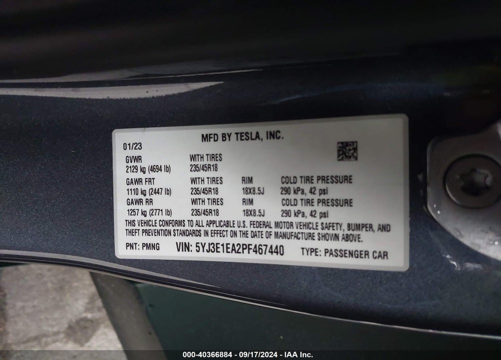 2023 TESLA MODEL 3 REAR-WHEEL DRIVE VIN: 5YJ3E1EA2PF467440