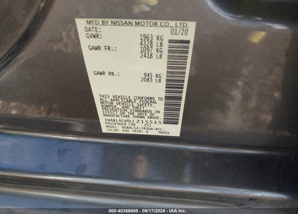 2020 NISSAN ALTIMA SR FWD VIN: 1N4BL4CV0LC215515