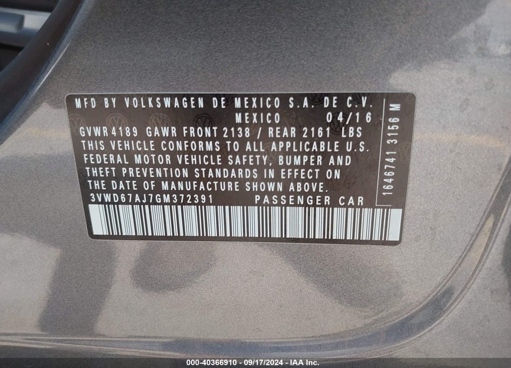 2016 VOLKSWAGEN JETTA 1.4T SE VIN: 3VWD67AJ7GM372391