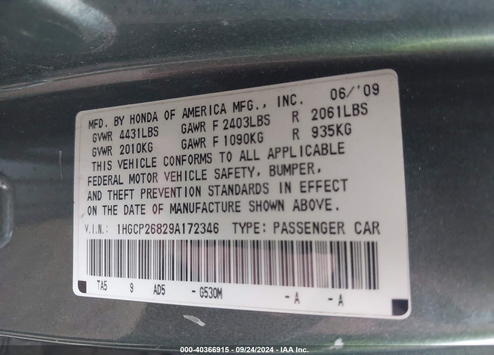 2009 HONDA ACCORD 2.4 EX-L VIN: 1HGCP26829A172346