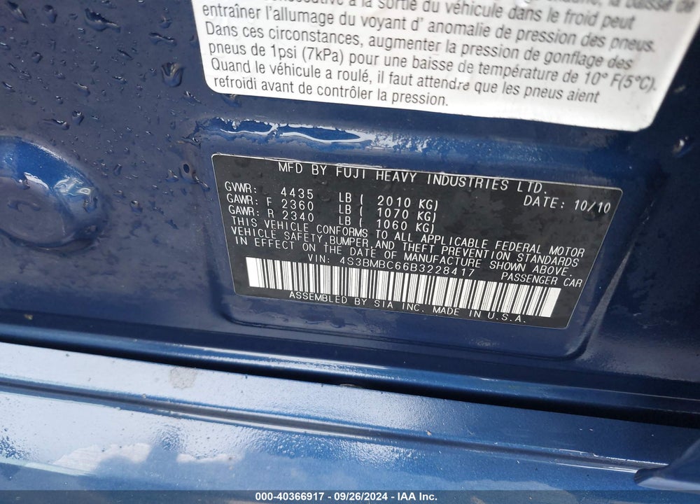 2011 SUBARU LEGACY 2.5I PREMIUM VIN: 4S3BMBC66B3228417