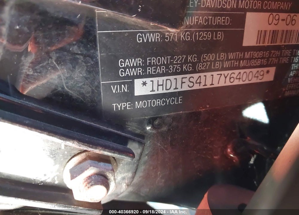 2007 HARLEY-DAVIDSON FLTR VIN: 1HD1FS4117Y640049