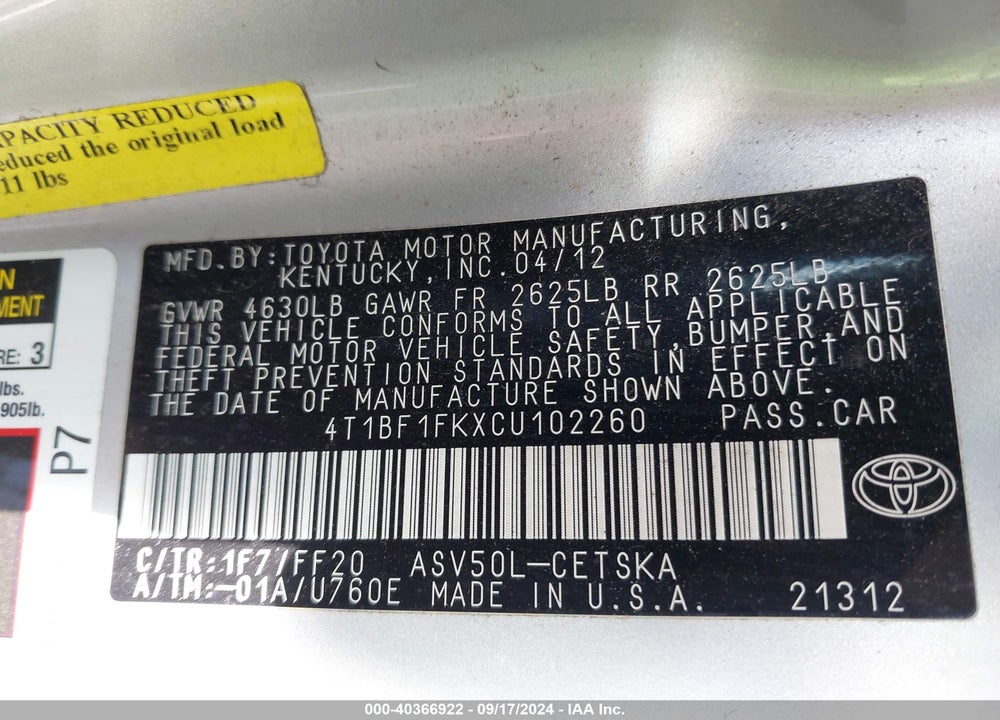 2012 TOYOTA CAMRY SE VIN: 4T1BF1FKXCU102260