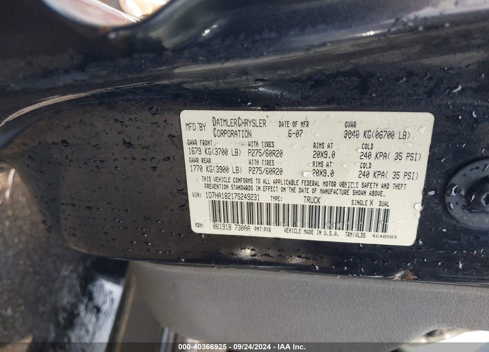 2007 DODGE RAM 1500 LARAMIE VIN: 1D7HA18217S249231