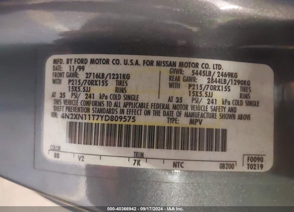 2000 NISSAN QUEST GLE/GXE/SE-CLOTH/SE-LEATHER VIN: 4N2XN11T7YD809575