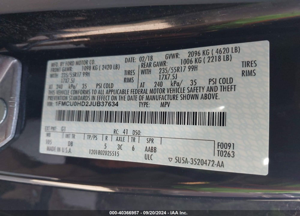 2018 FORD ESCAPE SEL VIN: 1FMCU0HD2JUB37634