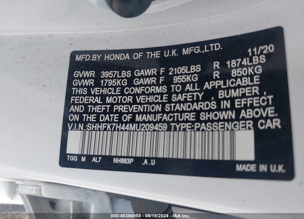 2021 HONDA CIVIC SPORT VIN: SHHFK7H44MU209459