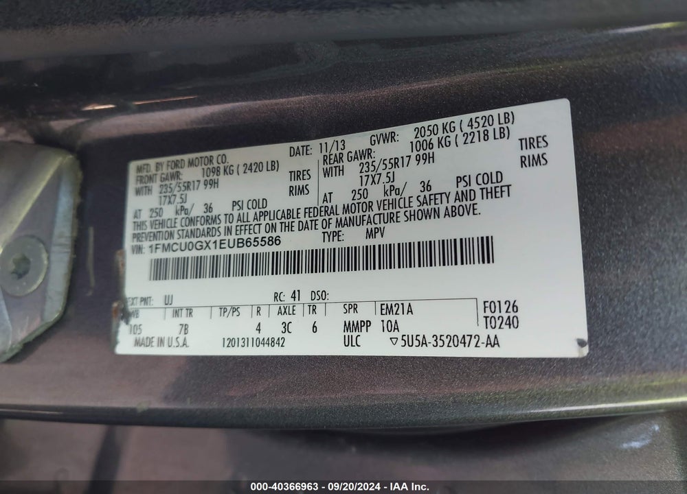 2014 FORD ESCAPE SE VIN: 1FMCU0GX1EUB65586