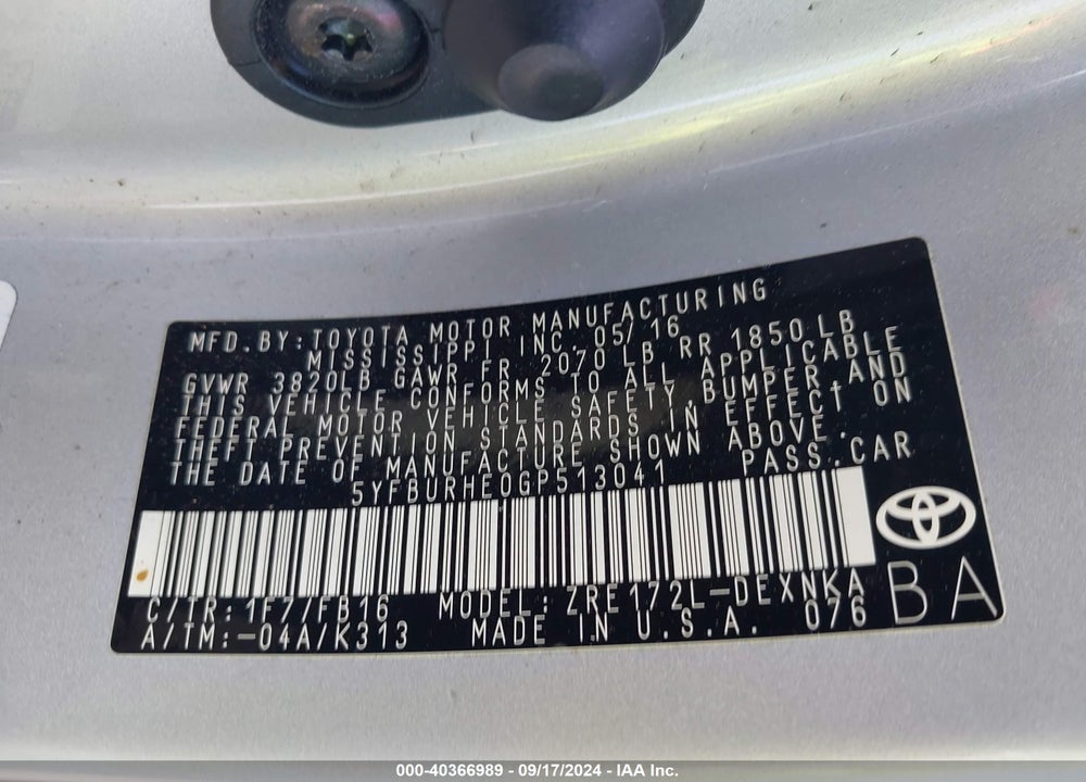 2016 TOYOTA COROLLA LE VIN: 5YFBURHE0GP513041