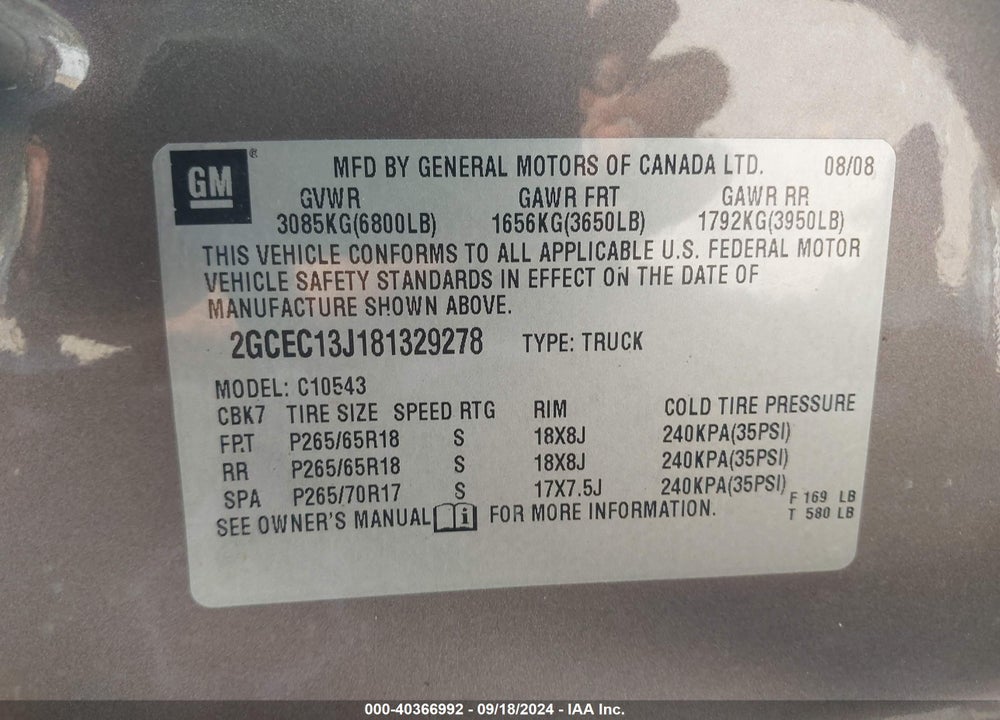2008 CHEVROLET SILVERADO 1500 LT1 VIN: 2GCEC13J181329278