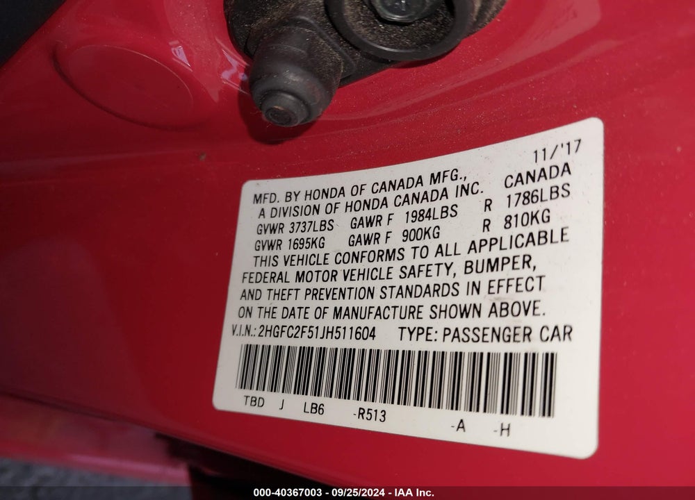 2018 HONDA CIVIC LX VIN: 2HGFC2F51JH511604