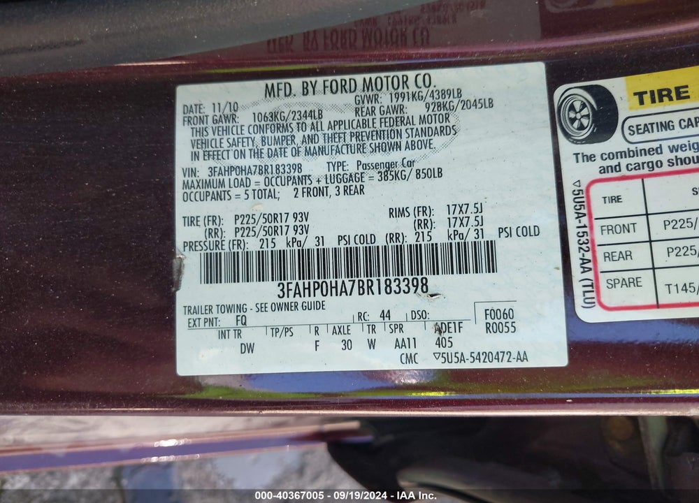 2011 FORD FUSION SE VIN: 3FAHP0HA7BR183398