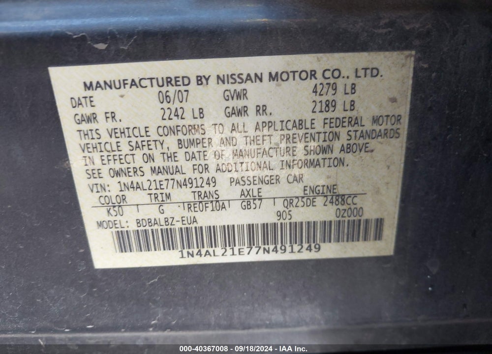 2007 NISSAN ALTIMA 2.5 S VIN: 1N4AL21E77N491249