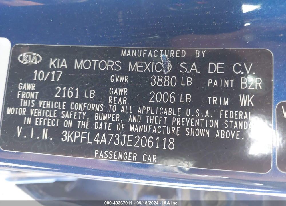 2018 KIA FORTE LX VIN: 3KPFL4A73JE206118