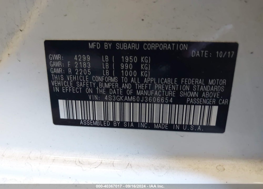 2018 SUBARU IMPREZA VIN: 4S3GKAM60J3606654