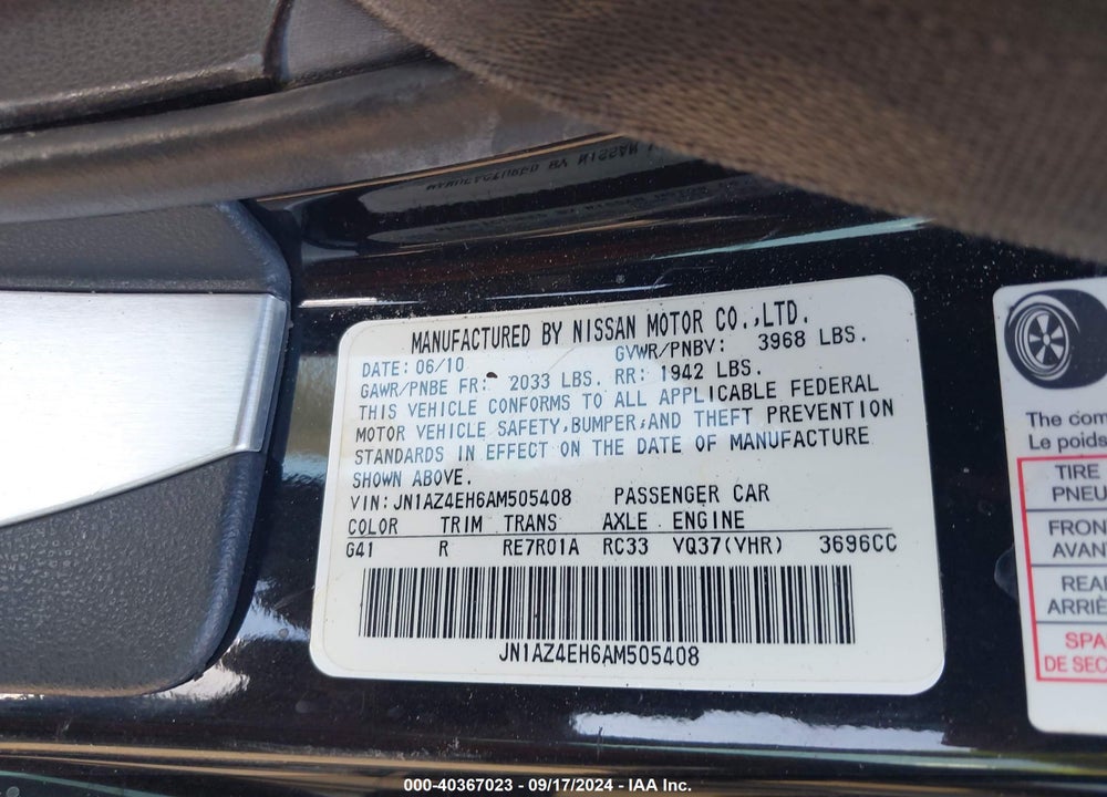 2010 NISSAN 370Z TOURING VIN: JN1AZ4EH6AM505408