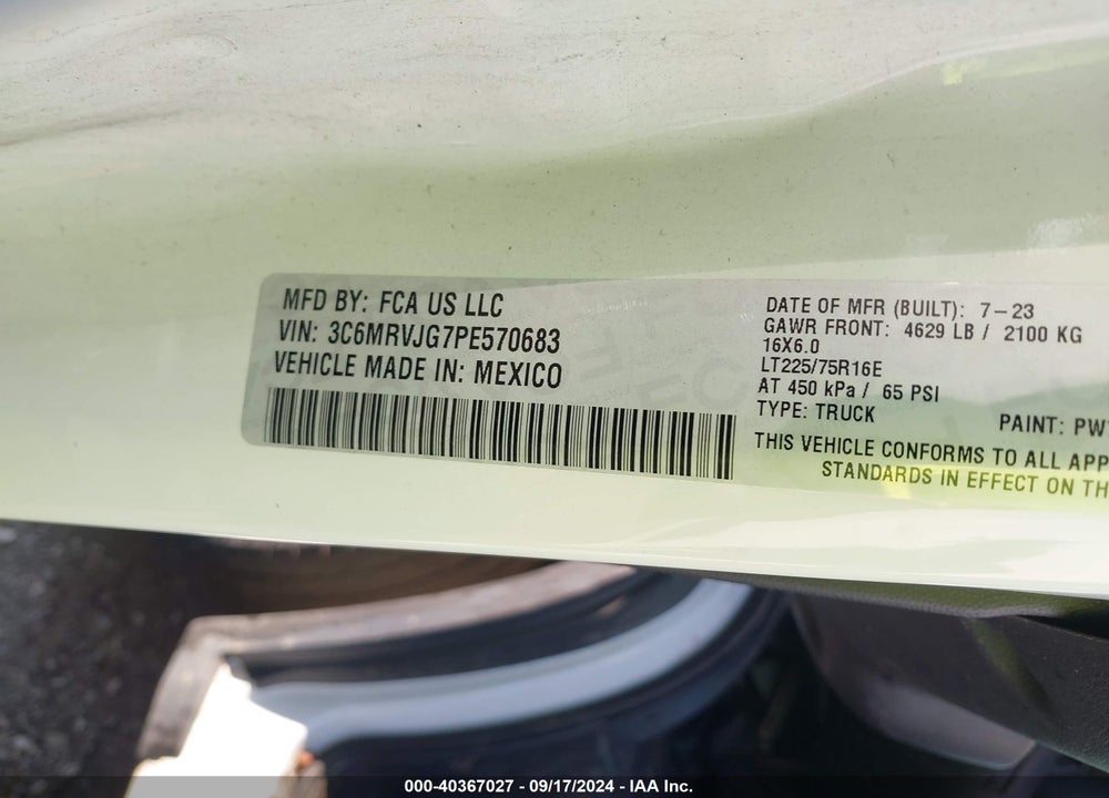 2023 RAM PROMASTER 3500 CARGO VAN HIGH ROOF 159 WB EXT VIN: 3C6MRVJG7PE570683