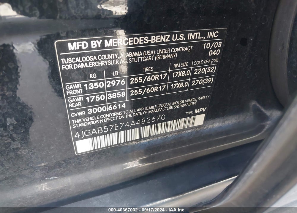 2004 MERCEDES-BENZ ML 350 4MATIC VIN: 4JGAB57E74A482670