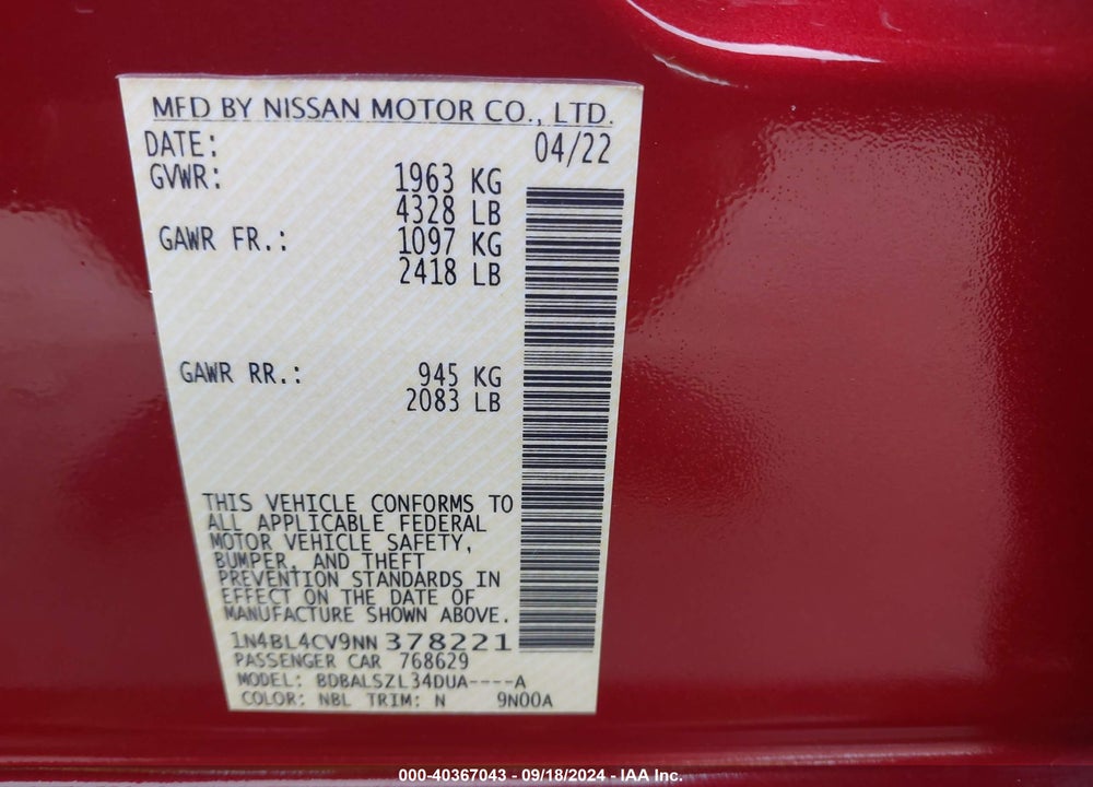 2022 NISSAN ALTIMA SR FWD VIN: 1N4BL4CV9NN378221